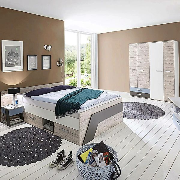 Lomadox Jugendzimmer Set mit Kojenbett 140x200 cm in Sandeiche Nb. mit weiß günstig online kaufen