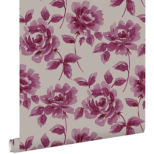 ESTAhome Tapete Aquarell Gemalte Rosen Aubergineviolett Und Taupe 53 Cm X 1 günstig online kaufen