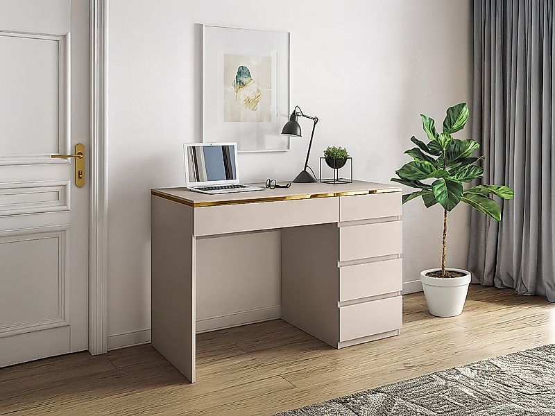 Schreibtisch - 5 Schubladen - Beige & Goldfarben - VUKIA von Pascal Morabit günstig online kaufen