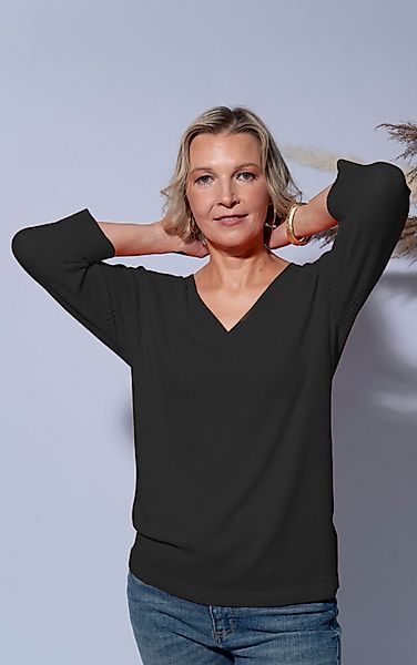 Passioni 3/4 Arm-Pullover mit perforierten V-ausschnitt günstig online kaufen