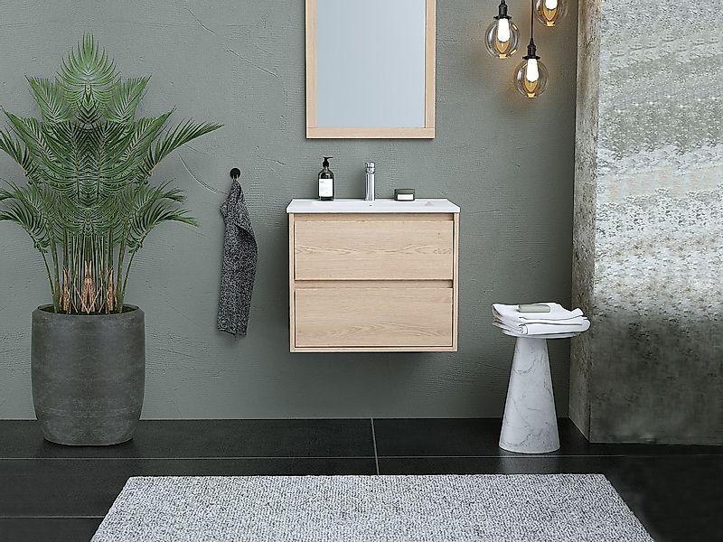 Waschbeckenunterschrank hängend mit Einbauwaschbecken - 60 cm - Eichenholzf günstig online kaufen