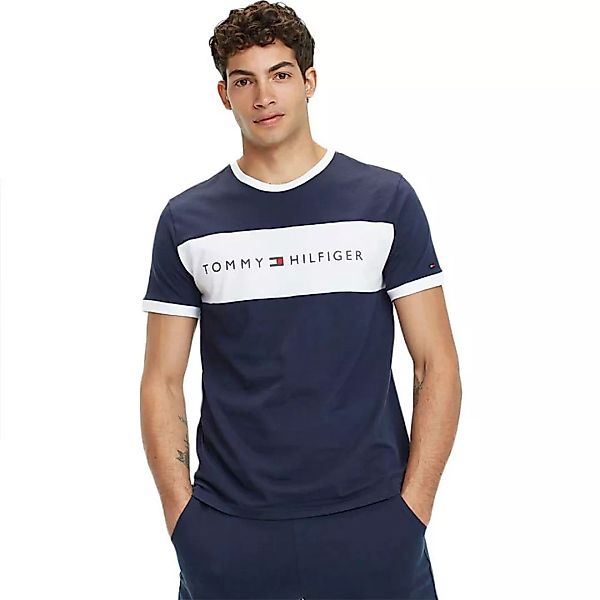 Tommy Hilfiger – Marineblaues Lounge-T-Shirt mit kontrastierendem Logo-Eins günstig online kaufen