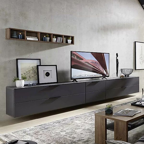 TV Wohnwand in Dunkelgrau und Eiche dunkel Optik 340 cm breit (vierteilig) günstig online kaufen