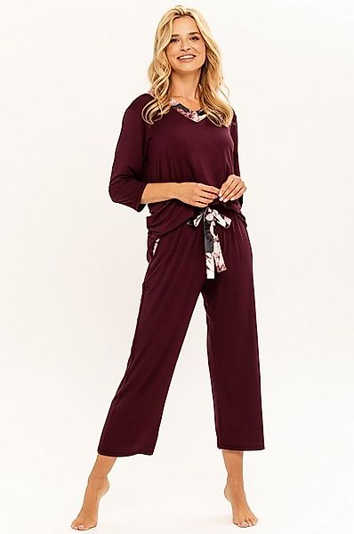 Mademoiselle Sommeil Pyjama Schlafanzug in weinrot mit floralen Akzenten (2 günstig online kaufen