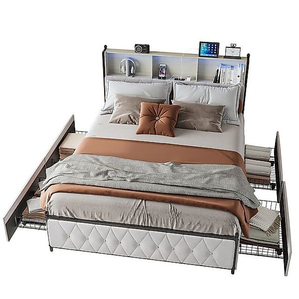 FUROKOY Stauraumbett Polsterbett Doppelbett mit LED-Beleuchtung und 4 Schub günstig online kaufen