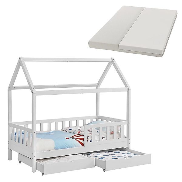 Juskys Kinderbett Marli 90 x 200 cm mit Bettkasten und Matratze Weiß günstig online kaufen