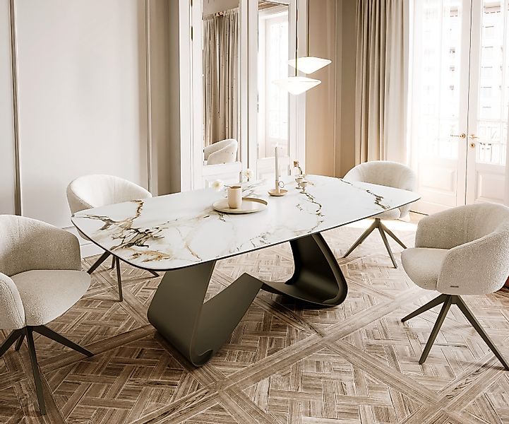 Esstisch Edge Boot 200x100 Keramik Calacatta Luxe Weiß-Gold-Grau W-Gestell günstig online kaufen