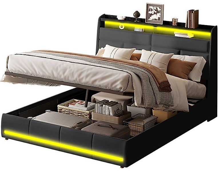 FUROKOY Polsterbett Doppelbett Stauraumbett Hydraulisch anhebbarer mit LED günstig online kaufen