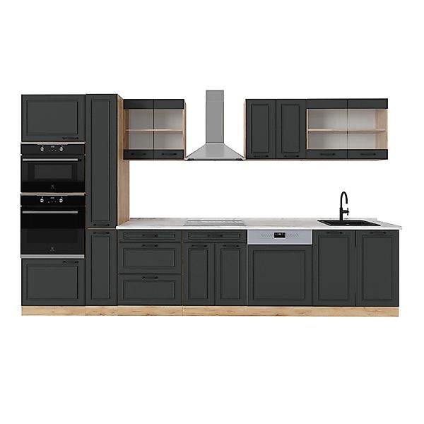 Vicco R-Line Küchenzeile Anthrazit Landhaus/Goldkraft Eiche 350 cm AP Marmo günstig online kaufen