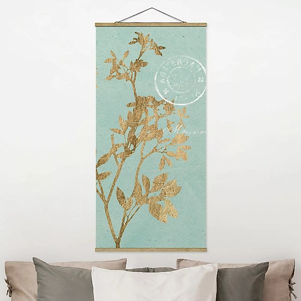 Stoffbild Blumen mit Posterleisten - Hochformat Goldene Blätter auf Turquoi günstig online kaufen