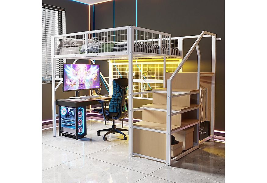 Merax Hochbett (Kinderbett Jugendbett Eisenbett, 1-St., App-gesteuerte LED- günstig online kaufen