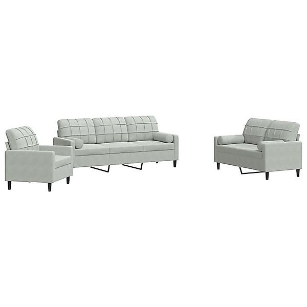 vidaXL Sofa, 3-tlg. Sofagarnitur mit Kissen und Nackenrollen Hellgrau Samt günstig online kaufen