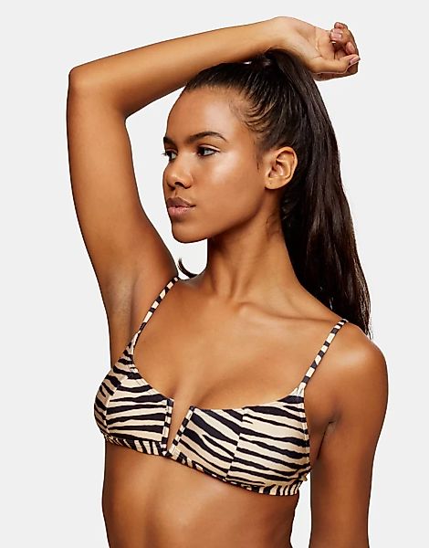 Topshop – Bikinioberteil mit v-förmiger Vorderseite und beigem Zebramuster- günstig online kaufen