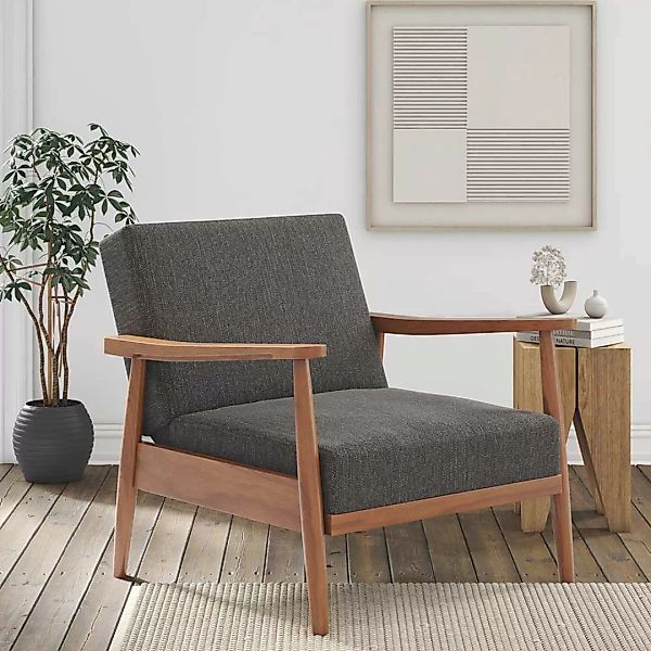 Mid Century Stil Sessel in Grau und Braun Holz Armlehnen günstig online kaufen