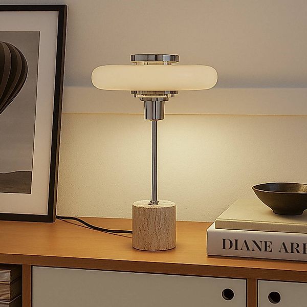 Lindby Tischleuchte Branford, Retro, beige, Metall/Travertin günstig online kaufen