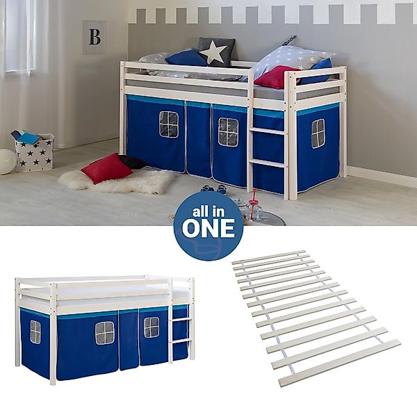 Homestyle4u Hochbett 90x200 mit Vorhang Lattenrost und Matratze in Weiß 256 günstig online kaufen