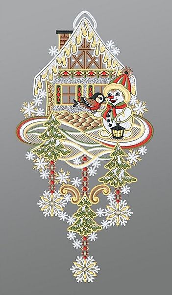 Plauener Spitze® Fensterbild Schneemann mit Winterhäuschen, HxB 36x18cm günstig online kaufen