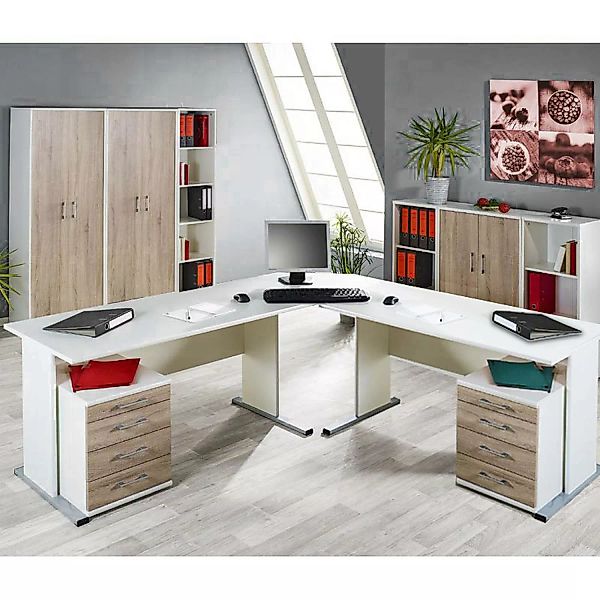 Büromöbel Set STETTIN-16 weiß, Sonoma Eiche, Eckschreibtisch mit 2 Containe günstig online kaufen
