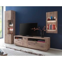 Moderne Wohnwand in Wildeiche Holzoptik 240 cm breit (dreiteilig) günstig online kaufen