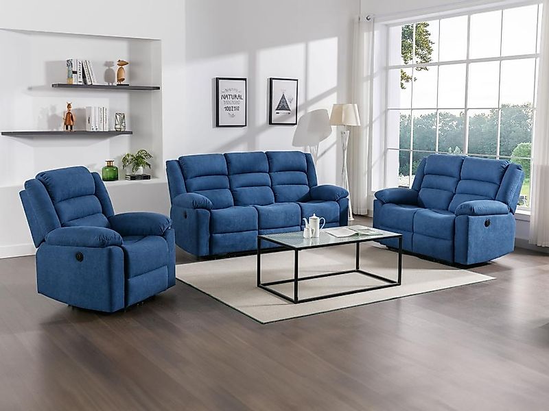 3-Sitzer-Sofa, 2-Sitzer-Sofa & elektrischer Relaxsessel - Blau - Stoff - BU günstig online kaufen