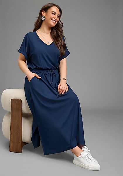 Laura Scott CURVE Jerseykleid Eingrifftaschen in Midilänge, V-Ausschnitt, p günstig online kaufen