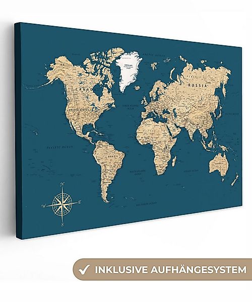 OneMillionCanvasses® Leinwandbild Weltkarte - Dunkelblau - Beige, Fotodruck günstig online kaufen