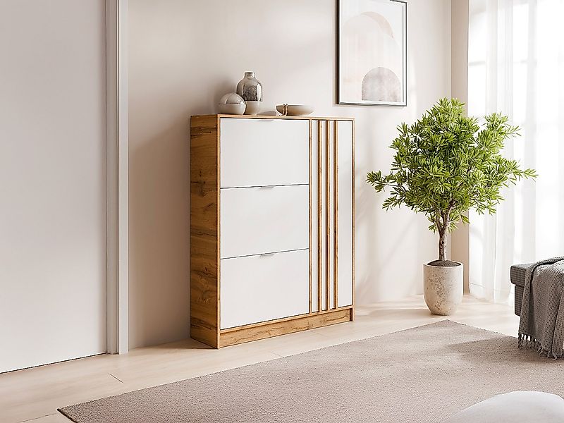 Schuhschrank mit 1 Tür und 3 Klappenfächern - Natur & Weiß - JANAKIA günstig online kaufen