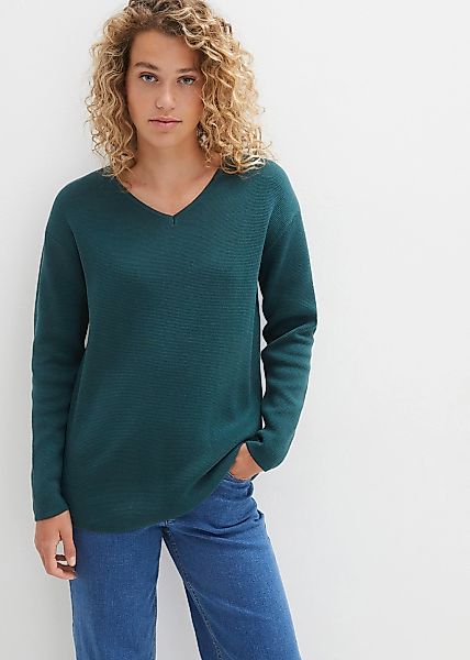 bonprix Strickpullover "Milano Rib Pullover mit V-Ausschnitt" aus Baumwolle günstig online kaufen