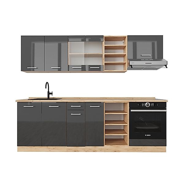 Vicco R-Line Küchenzeile Anthrazit Hochglanz/Goldkraft Eiche 240 cm ohne Ar günstig online kaufen