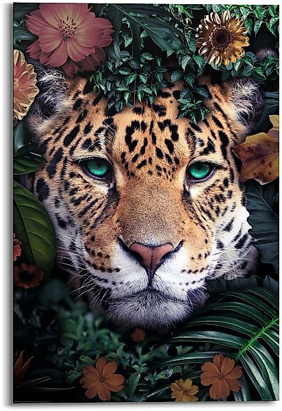 Reinders Wandbild "Wandbild Leopard Blumenkranz - Jungle - Farbenfroh", Leo günstig online kaufen