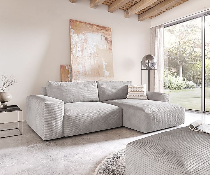 Ecksofa Lanzo XL 270x180 cm Cord Silbergrau Recamiere variabel mit Hocker günstig online kaufen