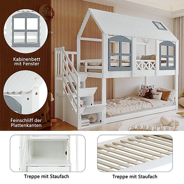 Flieks Etagenbett, Kinderbett 90x200cm mit Stauraumtreppe, Fallschutz, Dach günstig online kaufen