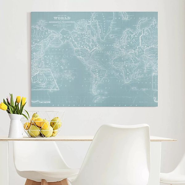Leinwandbild Weltkarte - Querformat Weltkarte in Eisblau günstig online kaufen