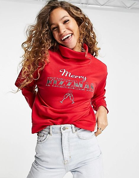 Only – Weihnachtliches Rollkragen-Sweatshirt in Rot mit Merry-Fizzmas-Sloga günstig online kaufen