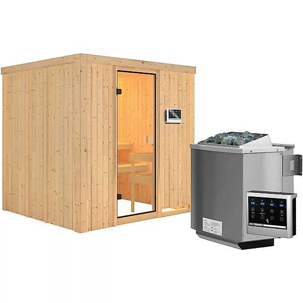Woodfeeling Sauna Tromsö inkl. 9 kW Bio-Ofen mit ext. Strg., Glastür Bronzi günstig online kaufen