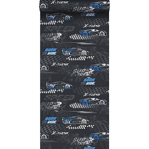 Sanders & Sanders Tapete Rennwagen Blau und Schwarz-Weiß 50 x 900 cm günstig online kaufen