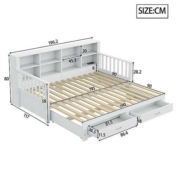 Ulife Daybett Schlafsofa Holzbett mit Kiefernbett, Schubladen und Ausziehbe günstig online kaufen