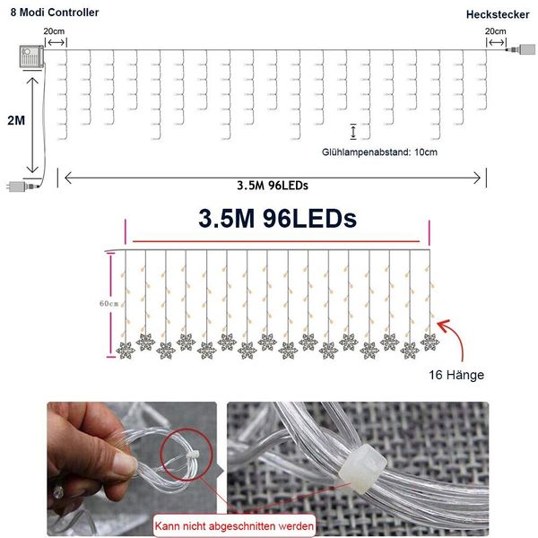 Rosnek LED-Lichtervorhang 3.5M, Große Schneeflocke, 8 günstig online kaufen