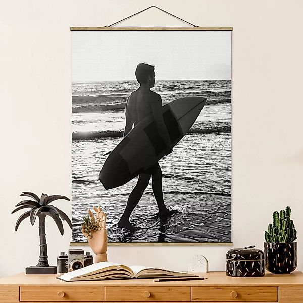 Stoffbild mit Posterleisten Surferboy im Sonnenuntergang günstig online kaufen