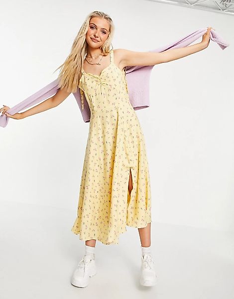 Bardot – Midi-Skater-Kleid mit gebundenen Trägern und Blumenmuster in Gelb günstig online kaufen