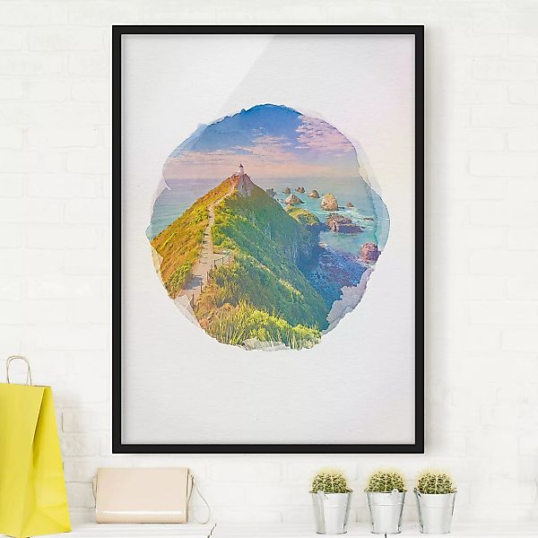Bild mit Rahmen Strand - Hochformat Wasserfarben - Nugget Point Leuchtturm günstig online kaufen