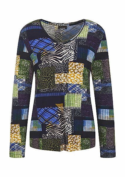 GOLDNER Langarmshirt "Langarm Viskose-Shirt mit V-Ausschnitt" Patch-Print günstig online kaufen