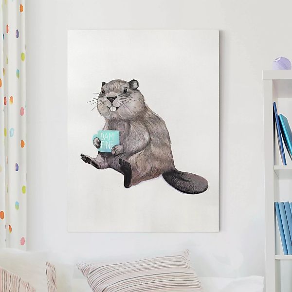 Leinwandbild Tiere - Hochformat Illustration Biber mit Kaffeetasse günstig online kaufen