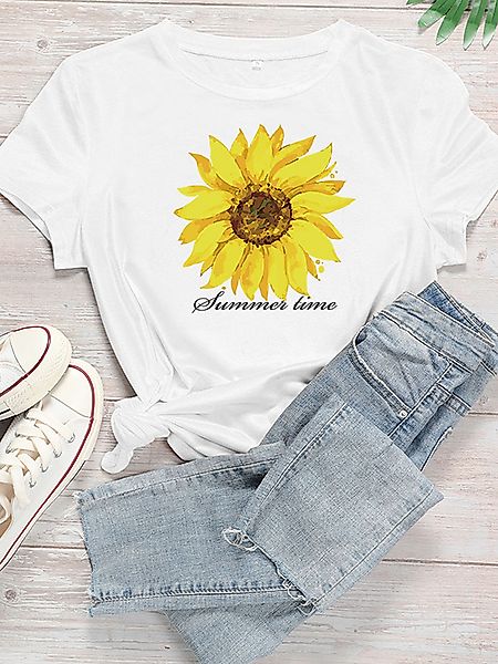 Plus Größe Weißes T-Shirt mit Blumendruck und kurzen Ärmeln günstig online kaufen