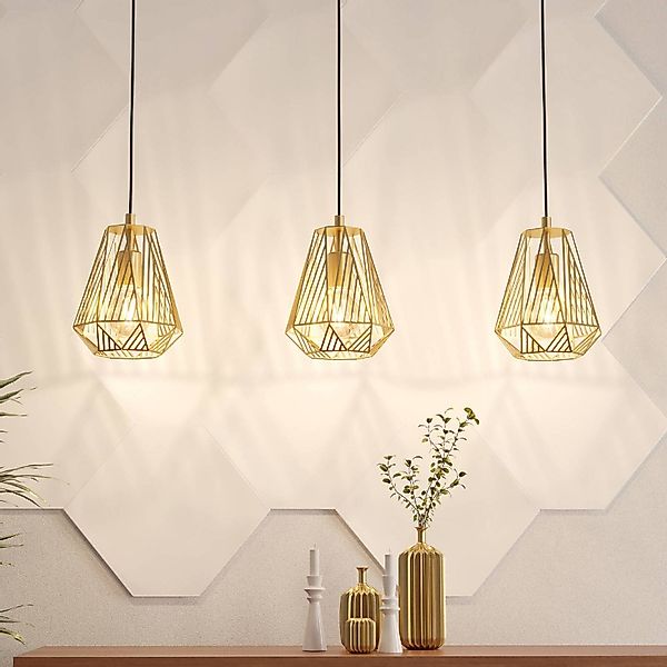 Hängelampe Stype, goldfarben, Länge 96 cm, Stahl, 3-flg. günstig online kaufen