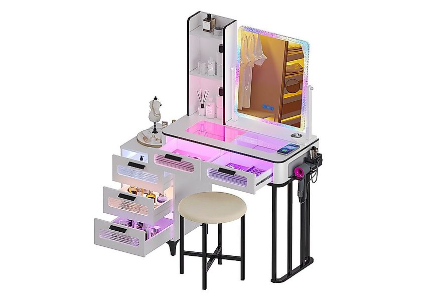 LVifur Schminktisch mit gepolstertem Hocker/5 Schubladen/Spiegel/USB-Anschl günstig online kaufen