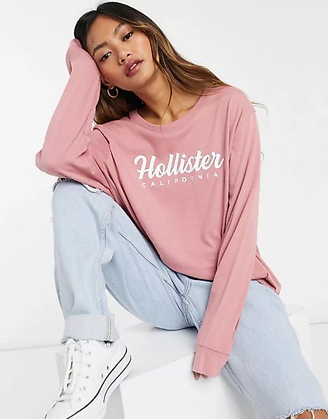 Hollister – Langärmliges Shirt mit Logo in Rosa-Marineblau günstig online kaufen