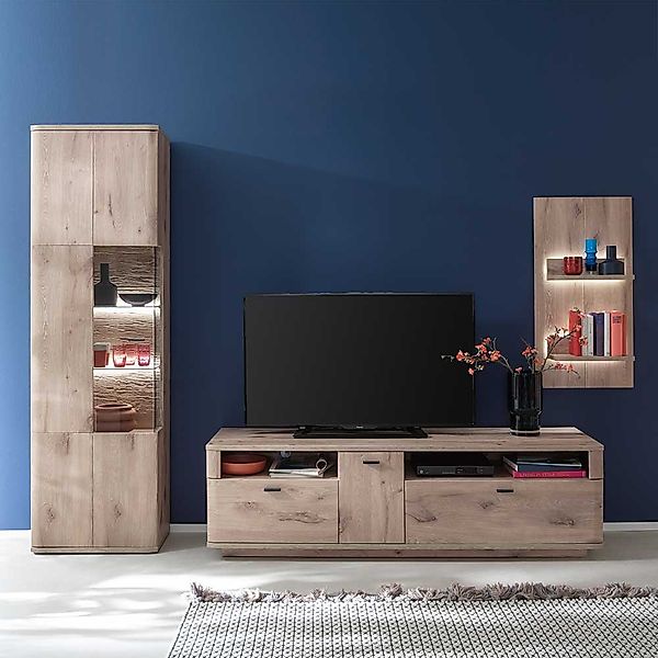 Moderne Wohnwand in Wildeiche Holzoptik 240 cm breit (dreiteilig) günstig online kaufen