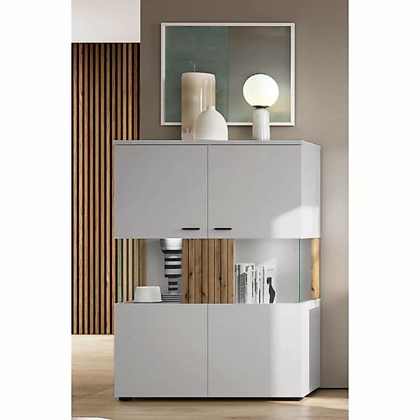 Highboard 100cm breit mit Beleuchtung, grau mit Eiche, Rillenoptik, ASHBURT günstig online kaufen