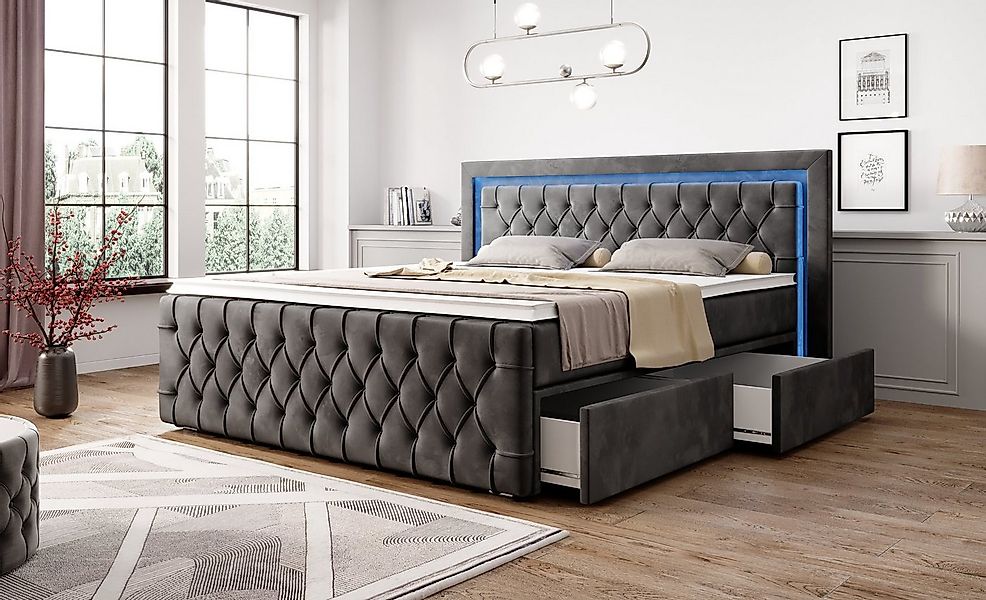 PROMETO Möbel Boxspringbett Arosa - Schubladen, LED 16 Farben, Matratze, To günstig online kaufen
